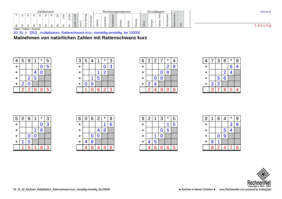 Lösung: 30_35_4 Rechnen Multiplikation Rattenschwanz-kurz vierstellig-einstellig bis100000