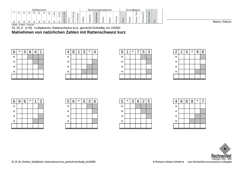 30_35_8 Rechnen Multiplikation Rattenschwanz-kurz gemischt-fünfstellig bis100000