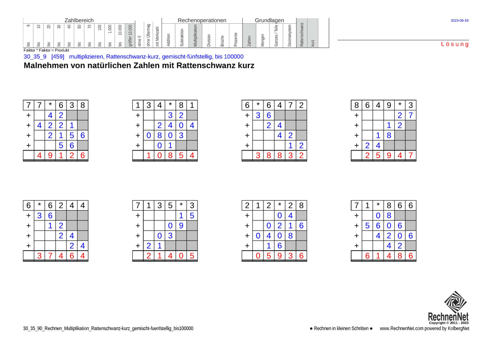 Lösung: 30_35_9 Rechnen Multiplikation Rattenschwanz-kurz gemischt-fünfstellig bis100000