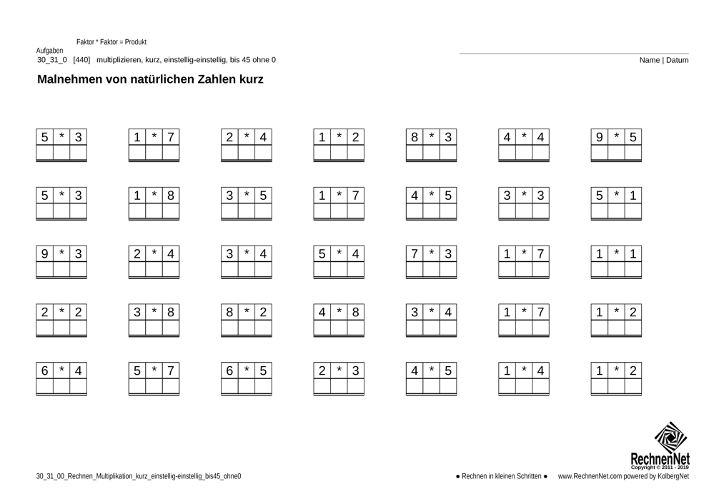 30_31_0 Rechnen Multiplikation kurz einstellig-einstellig bis45 ohne0