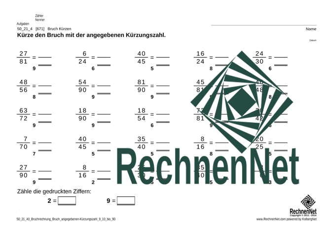 50_21_4 Bruchrechnung Bruch angegebenen-Kürzungszahl 9 10 bis 90