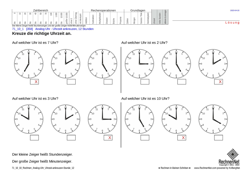 Lösung: 71_10_1 Rechnen Analog-Uhr 12-Stunden Uhrzeit ankreuzen