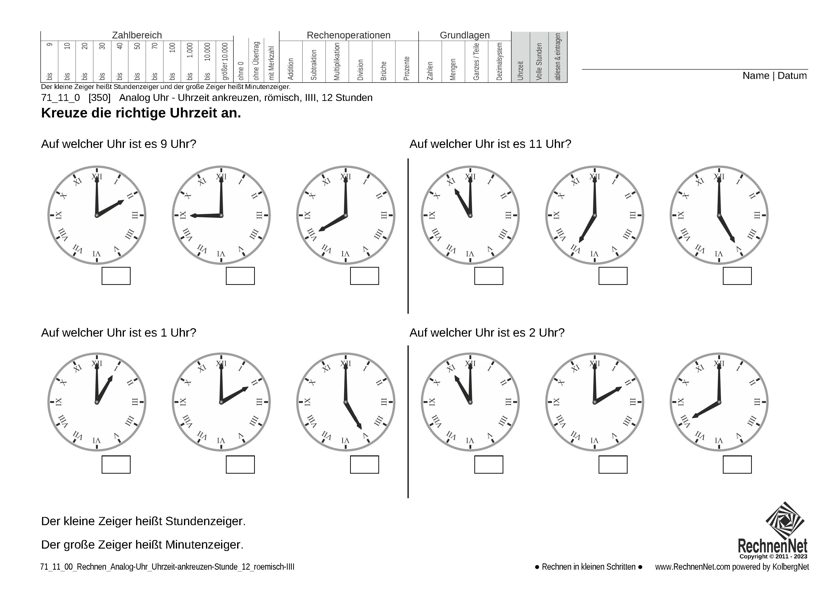 71_11_0 Rechnen Analog-Uhr 12-Stunden Uhrzeit ankreuzen römisch IIII