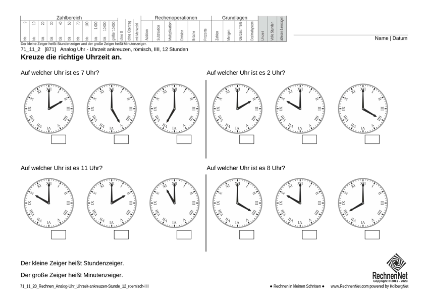71_11_2 Rechnen Analog-Uhr 12-Stunden Uhrzeit ankreuzen römisch IIII
