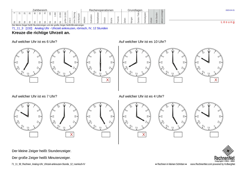Lösung: 71_11_3 Rechnen Analog-Uhr 12-Stunden Uhrzeit ankreuzen römisch IV