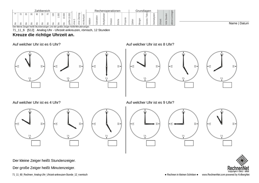 71_11_6 Rechnen Analog-Uhr 12-Stunden Uhrzeit ankreuzen römisch