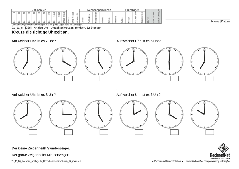 71_11_8 Rechnen Analog-Uhr 12-Stunden Uhrzeit ankreuzen römisch