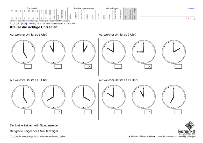Lösung: 71_12_8 Rechnen Analog-Uhr 12-Stunden Uhrzeit ankreuzen ohne