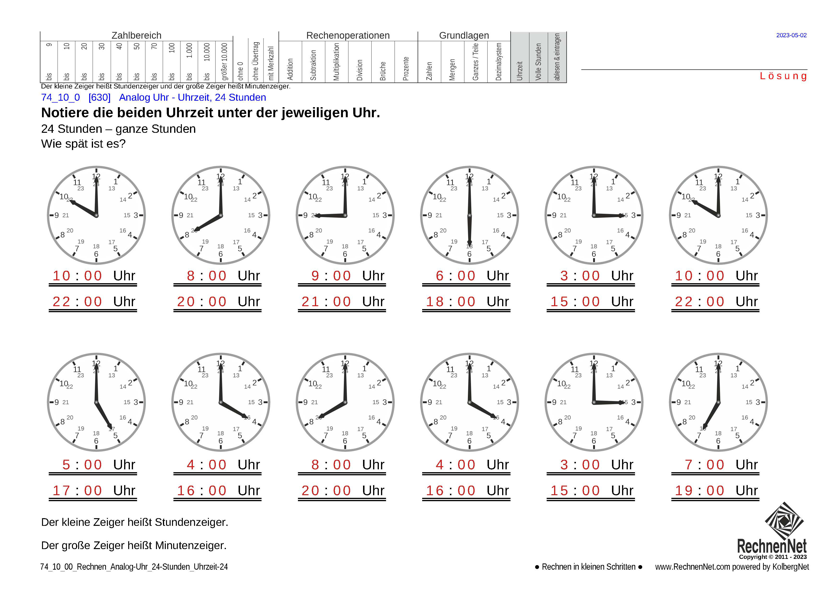 Lösung: 74_10_0 Rechnen Analog-Uhr 24-Stunden Uhrzeit 24