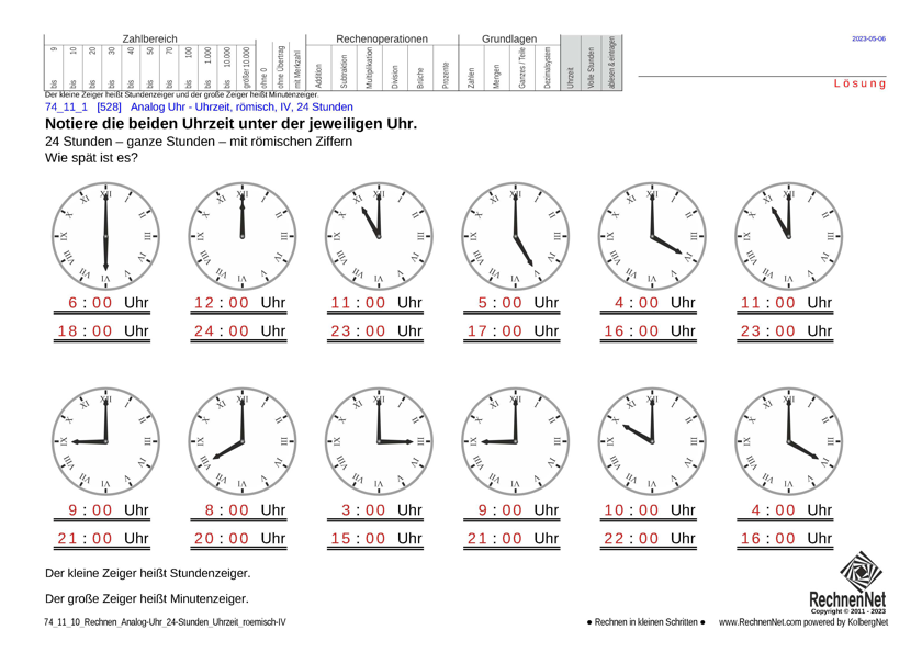 Lösung: 74_11_1 Rechnen Analog-Uhr 24-Stunden Uhrzeit römisch IV