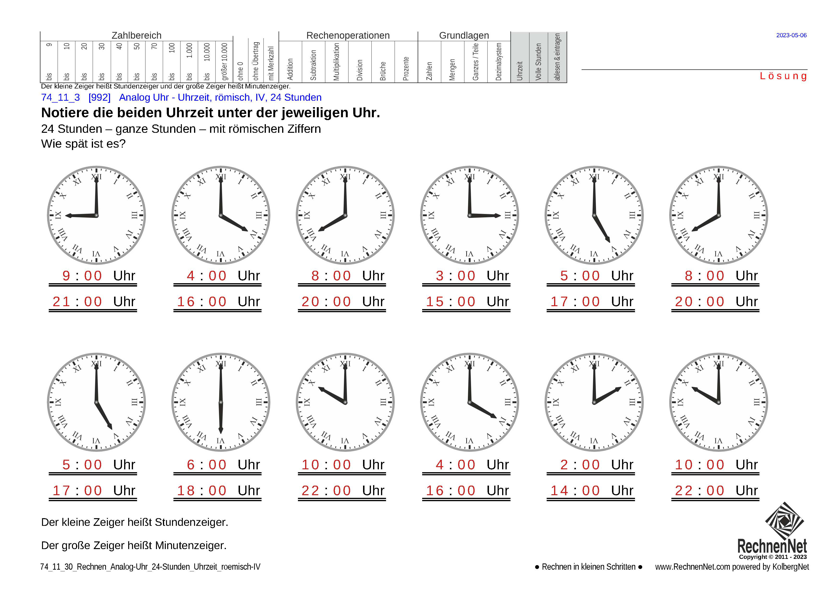 Lösung: 74_11_3 Rechnen Analog-Uhr 24-Stunden Uhrzeit römisch IV