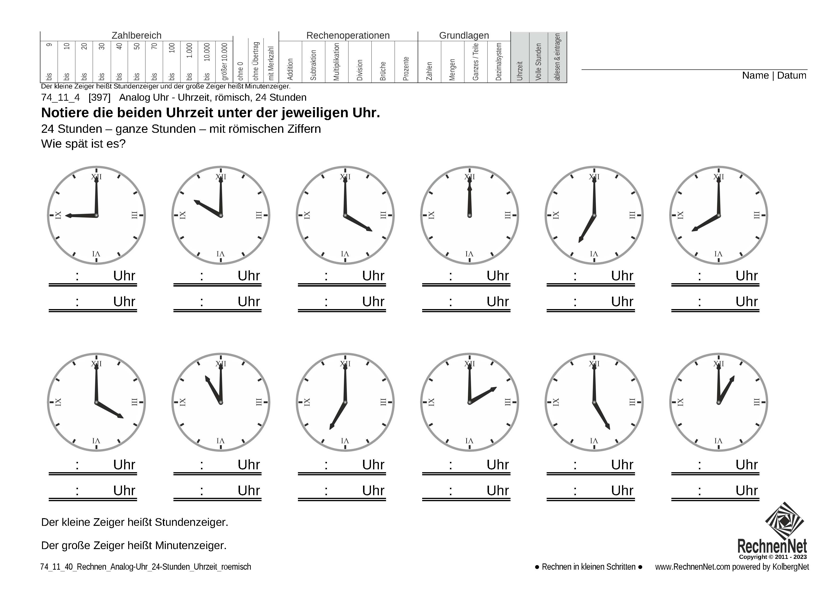 74_11_4 Rechnen Analog-Uhr 24-Stunden Uhrzeit römisch