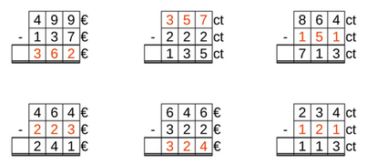 11_43 Subtraktion Lücke Cent-Euro dreistellig